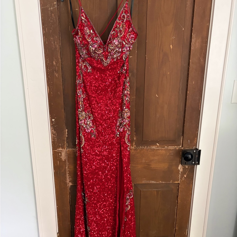 Red Sequin Beaded Evening Gown